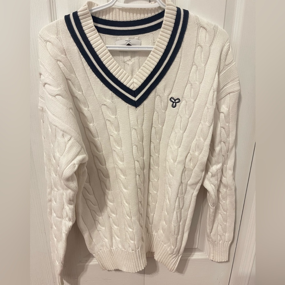 TNA V-Neck Sweater in White with Navy Accents